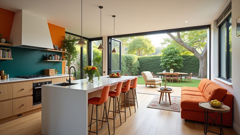 Sala e cozinha integradas com design moderno e vibrante.