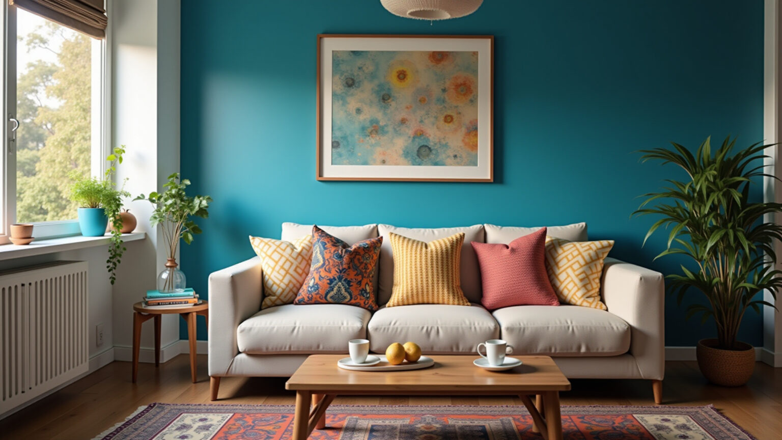 Sala de estar aconchegante com paredes azuis e sofá confortável.