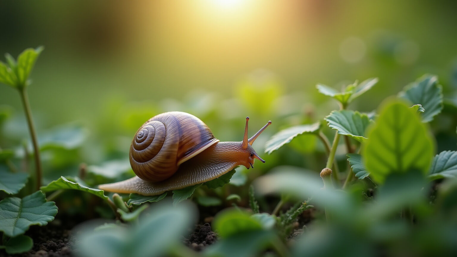 Caramujos em um quintal danificando plantas.