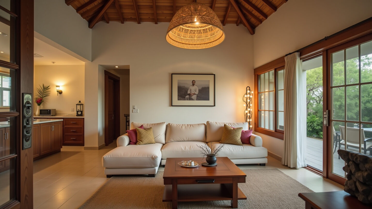 Sala de estar acolhedora com luminária pendente de rattan.