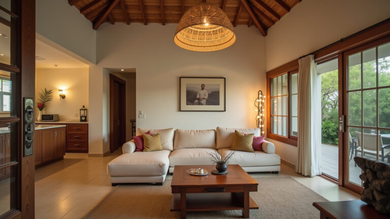 Sala de estar acolhedora com luminária pendente de rattan.