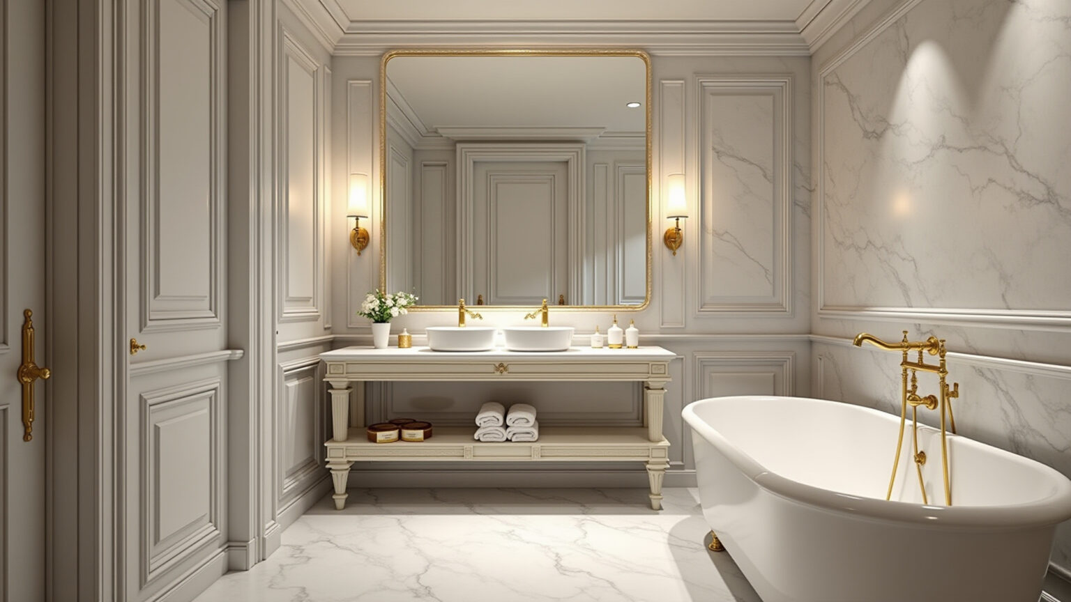 Banheiro clássico elegante com paredes de mármore e detalhes dourados.