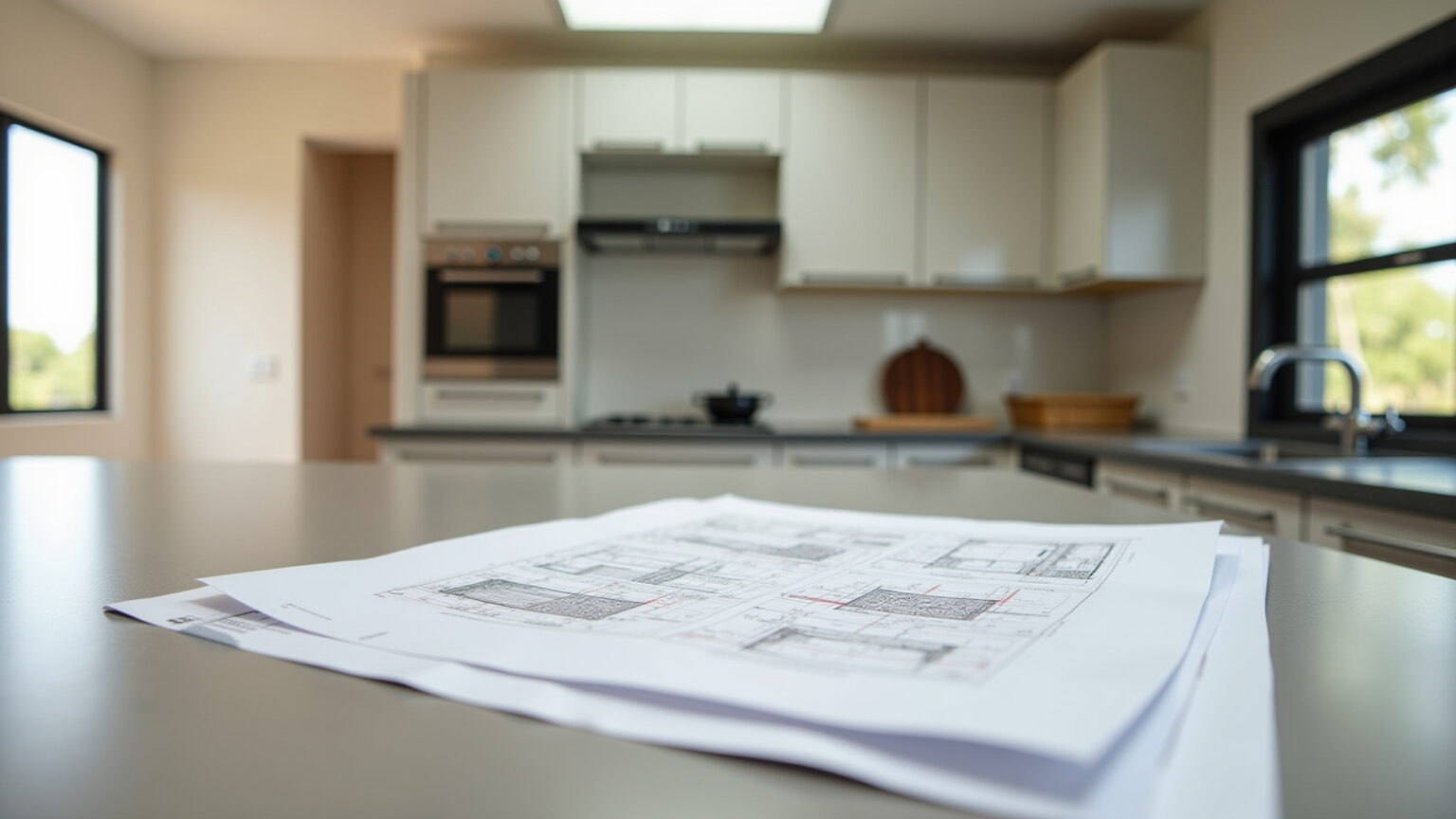 Como Fazer a Regularização de Obra da Sua Cozinha Sem Complicações Cozinha em reforma com documentos de regularização em destaque.