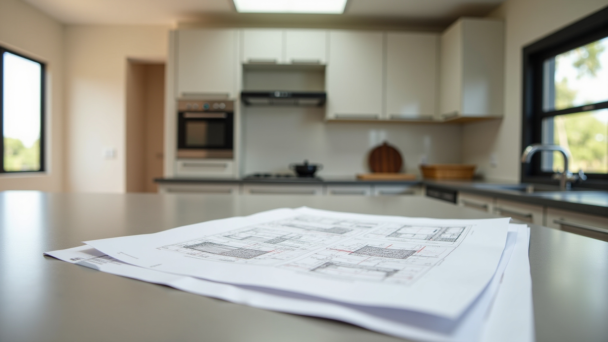 Cozinha em reforma com documentos de regularização em destaque.