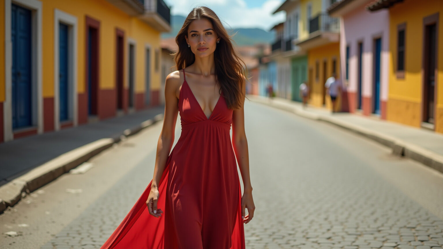Mulher jovem vestindo um elegante vestido vermelho marsala em rua brasileira.
