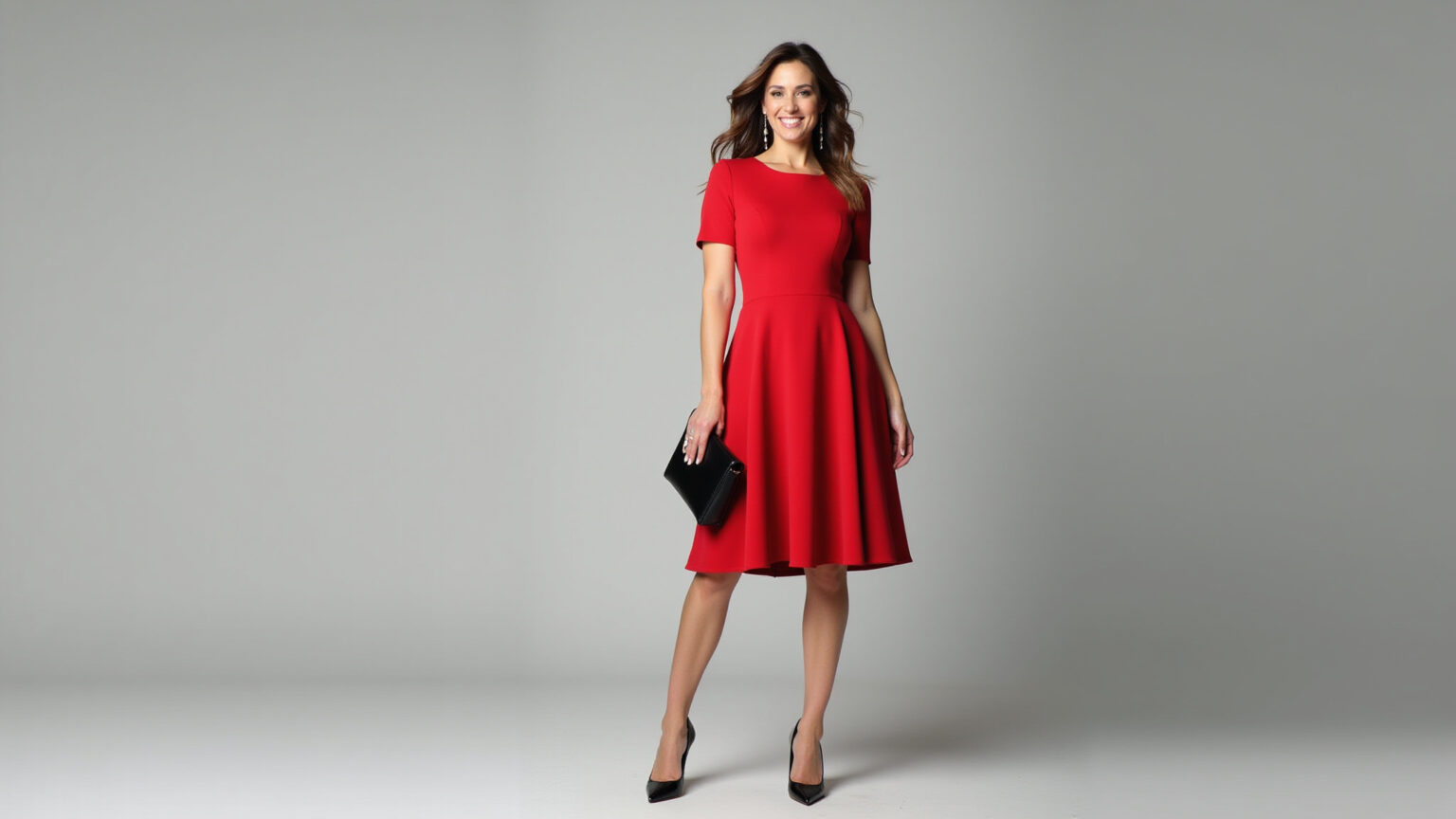 Mulher elegante com vestido vermelho e acessórios pretos.