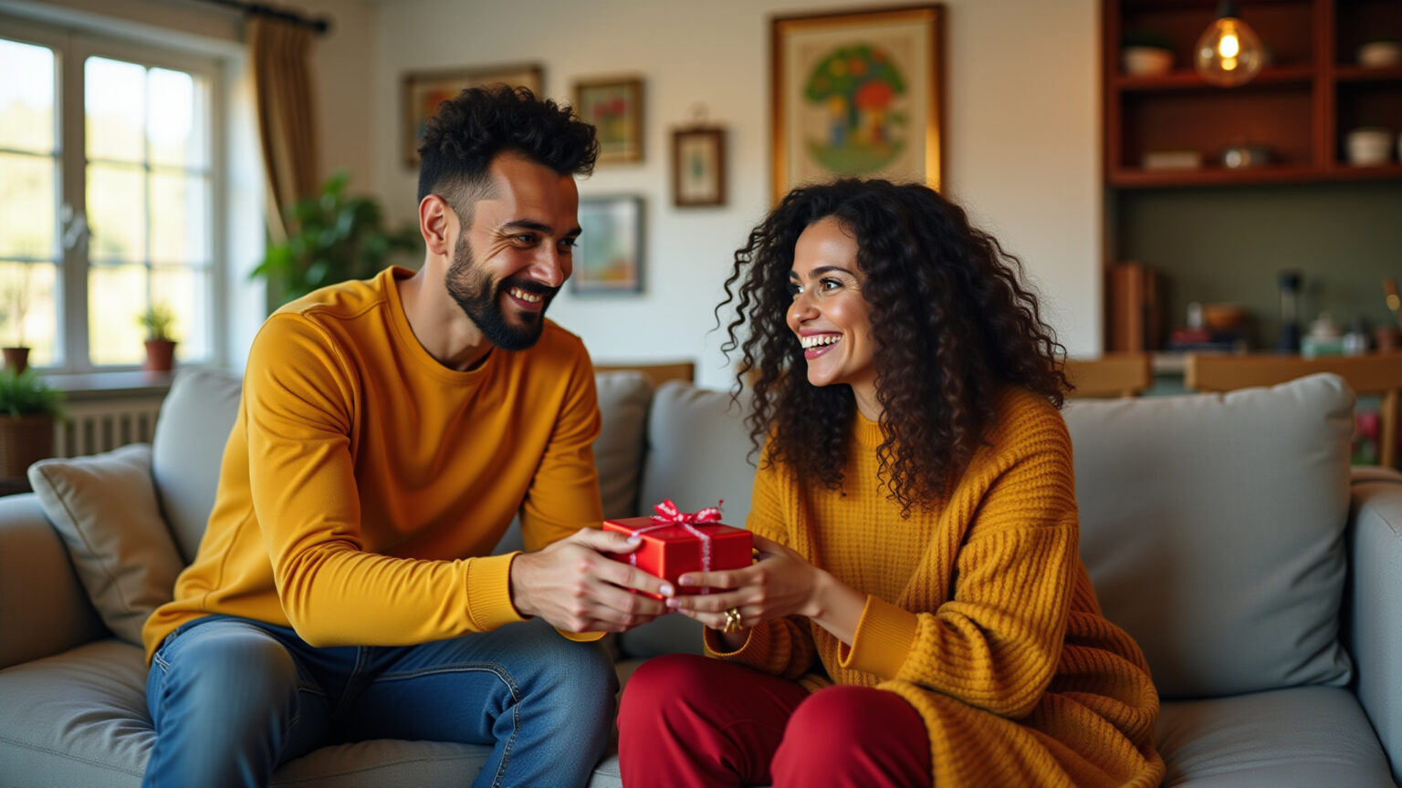 Casal sorrindo trocando presentes em casa brasileira vibrante.