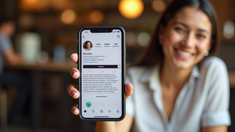 Bio criativa no Instagram exibida em um smartphone com mulher sorrindo ao fundo.
