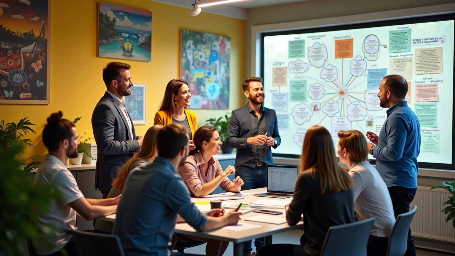 Grupo diverso brainstorming mapa mental criativo em escritório brasileiro.