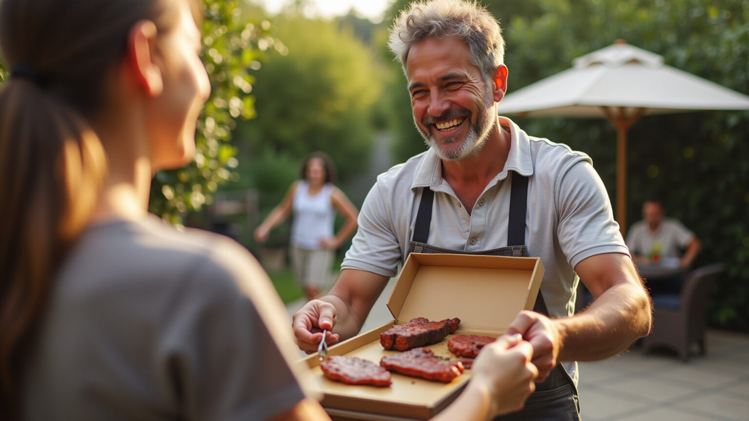 Ideias de Presente Dia dos Pais: Surpreenda com amor e originalidade! Pai brasileiro sorrindo ao receber kit churrasco personalizado da filha.
