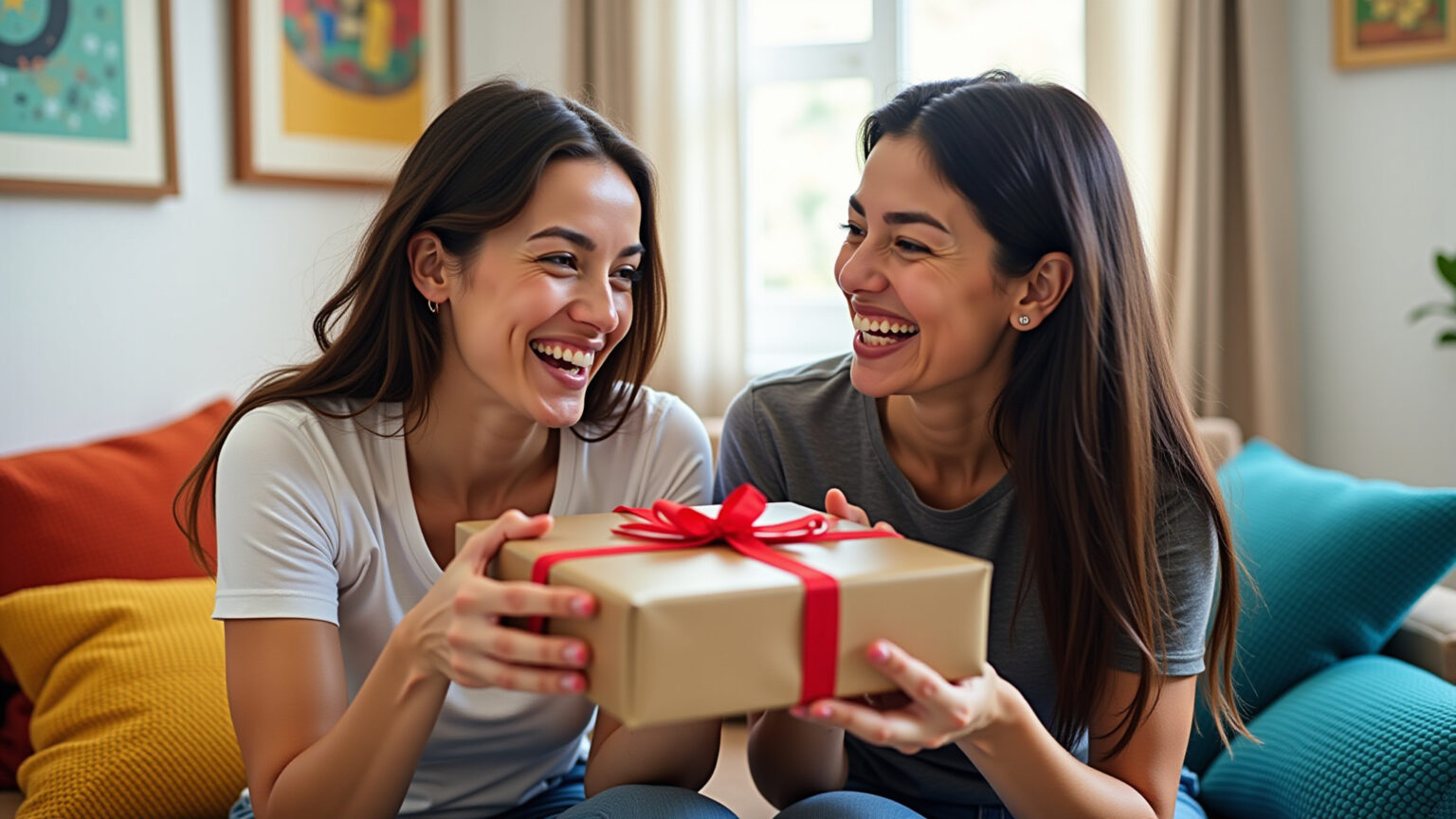 Amigas trocando presente em sala decorada.