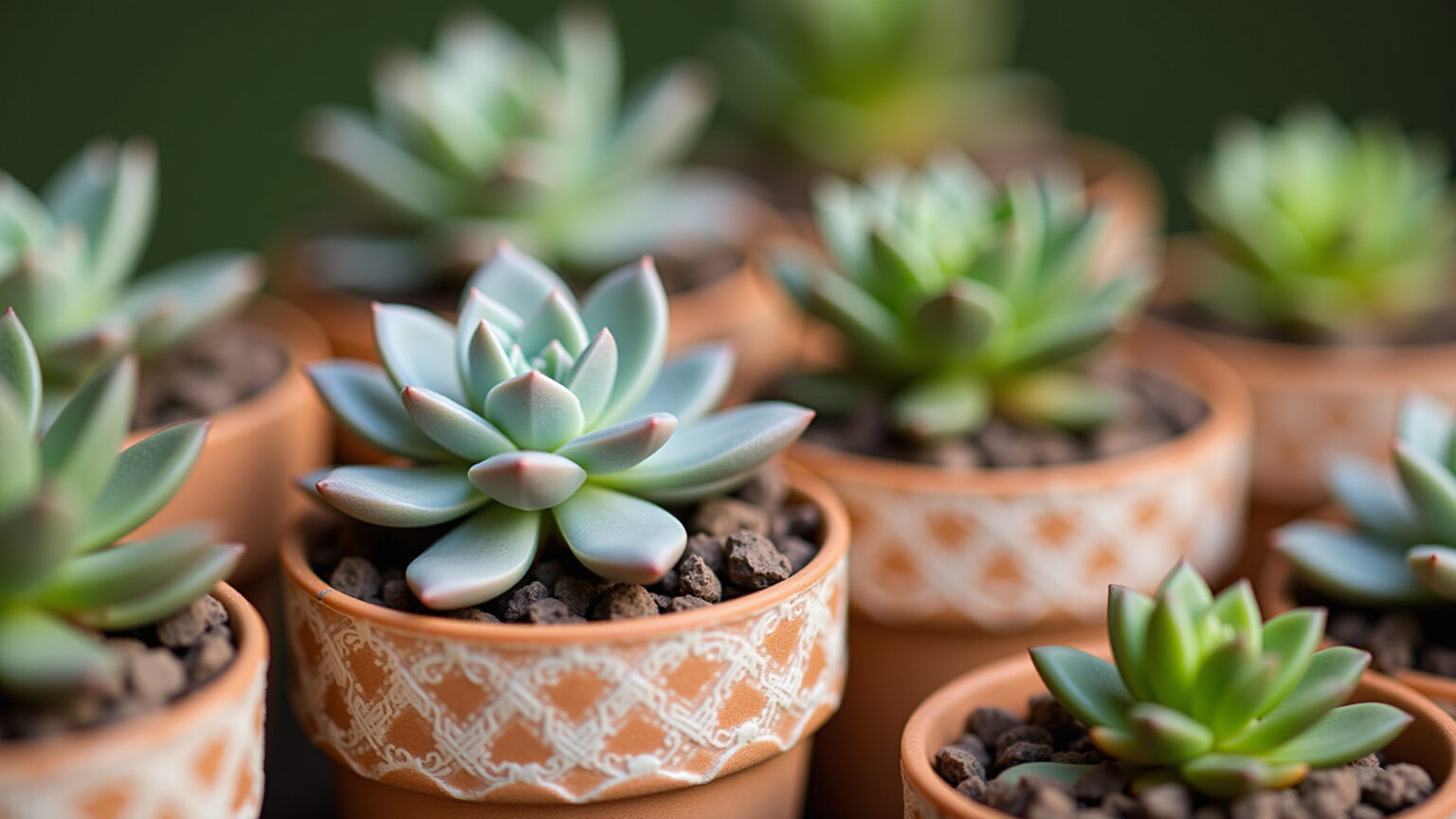 Mini suculentas em vasos decorados como lembrancinhas de casamento.