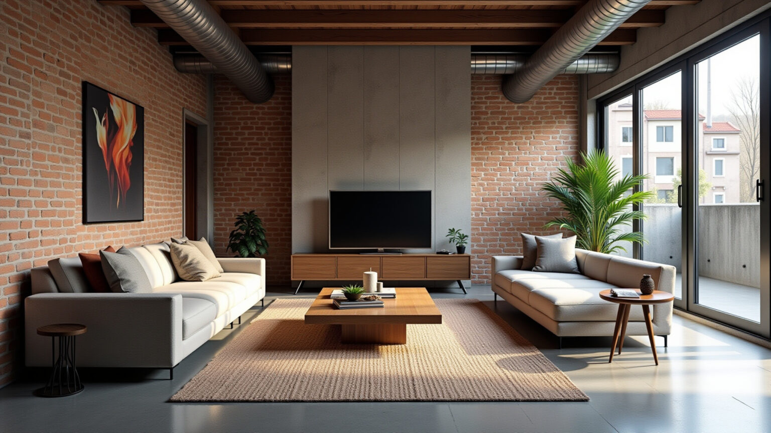 Sala de estar industrial com design urbano e toques brasileiros.