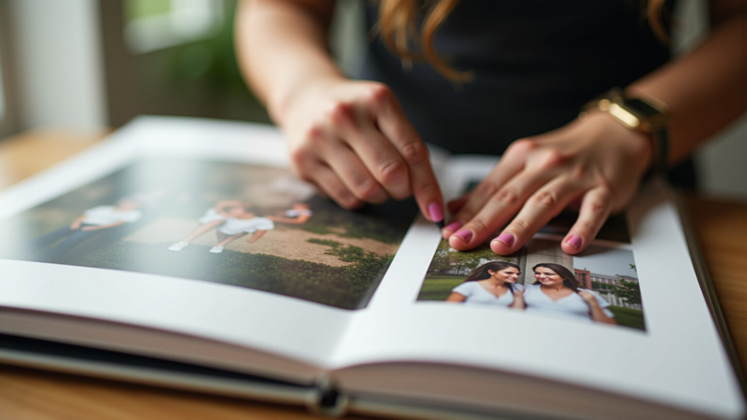 Mãos criando álbum de fotos personalizado, presente feito à mão para mãe.