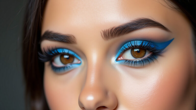 Delineado azul vibrante realçando olhos castanhos.