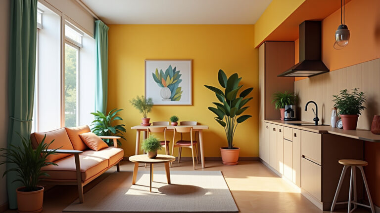 Kitnet aconchegante com decoração brasileira vibrante e funcional.