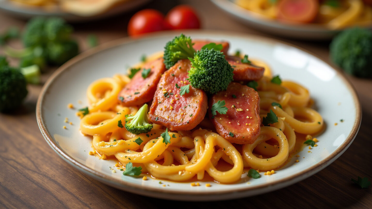 Macarrão cremoso com frango e brócolis em mesa de jantar vibrante.