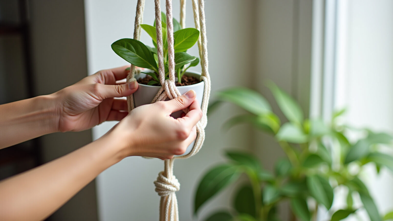 Mãos criando suporte de planta macramê artesanalmente.