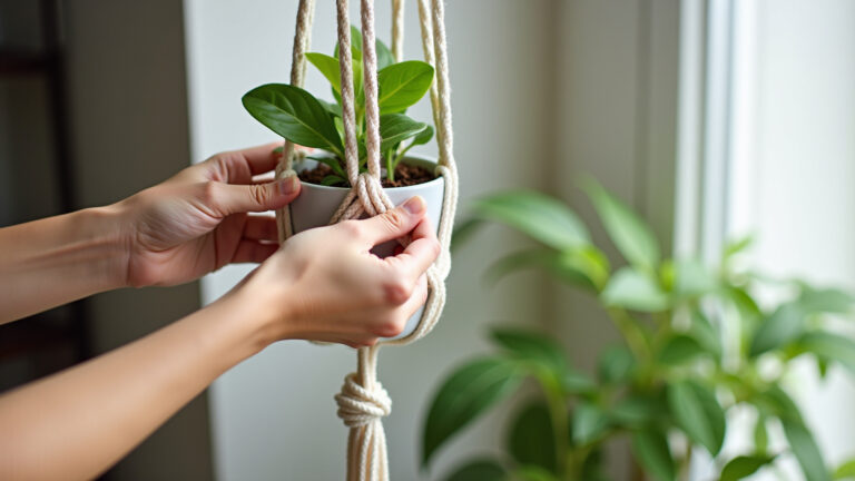 Mãos criando suporte de planta macramê artesanalmente.