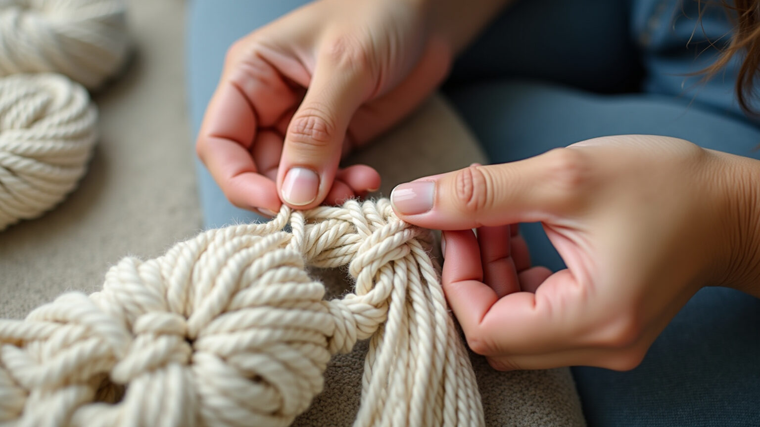 Mãos habilidosas criando um projeto de macramê com corda de algodão natural.