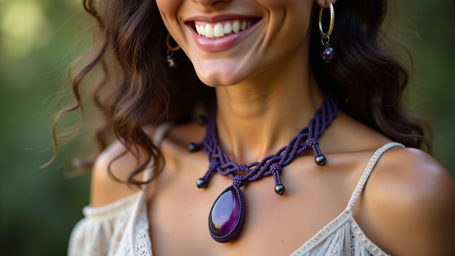 Colar de macramê com ametista, artesanal e boho.
