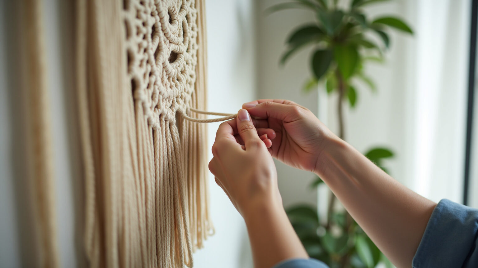 Mãos criando painel de macramê com nós intrincados.