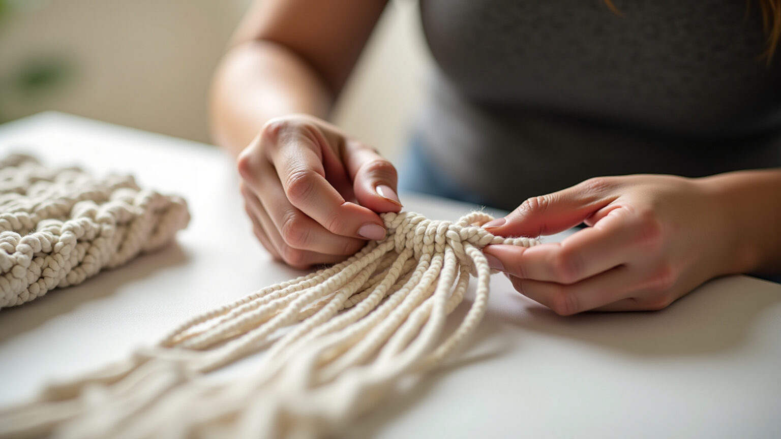 Mãos femininas criando macramê em toalha de rosto branca.