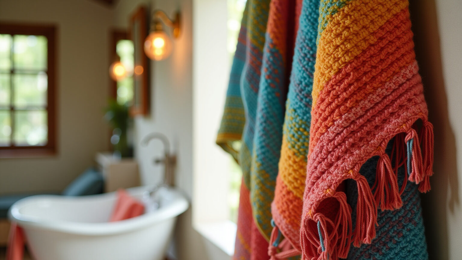 Toalha de lavabo com macramê colorido em banheiro moderno.