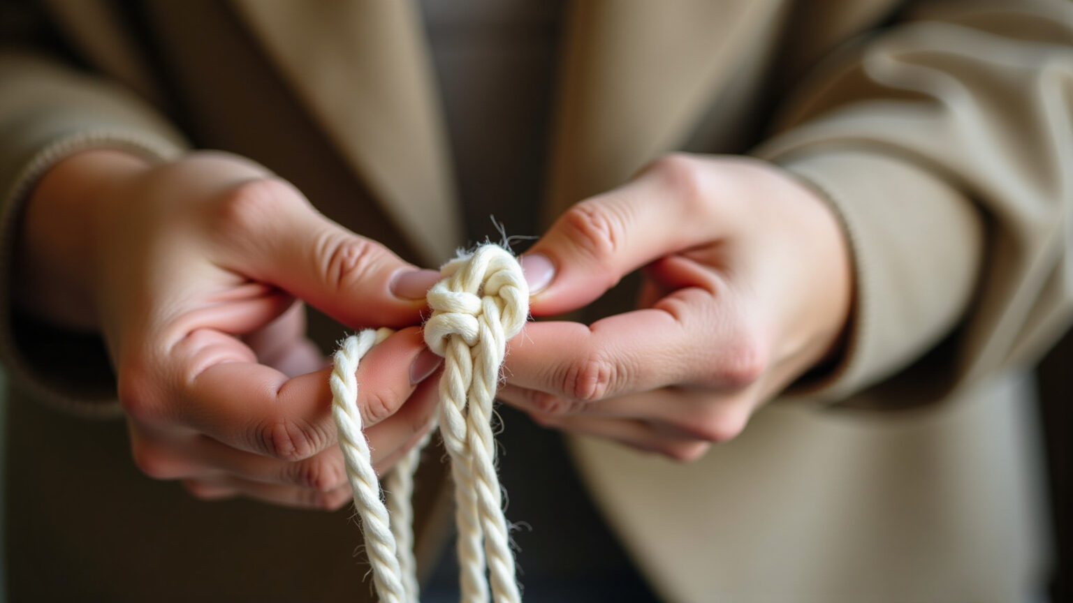 Mãos habilidosas criando nós de macramê em corda de algodão.