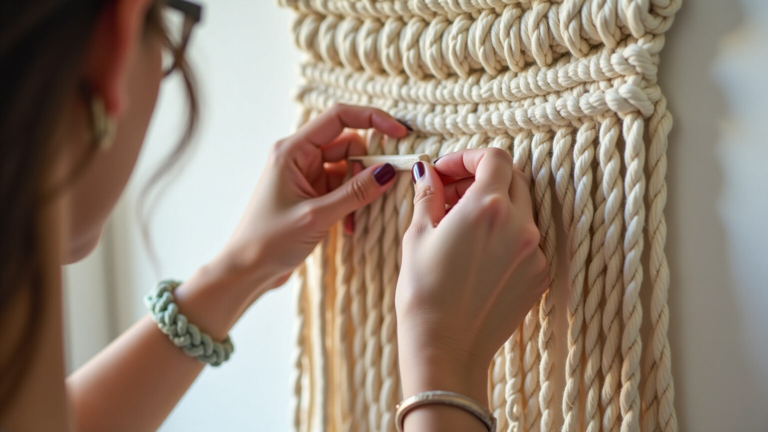 Macramê com Barbante: 15 Ideias Criativas e Fáceis para Decorar sua Casa Mãos criando painel de macramê com barbante bege.