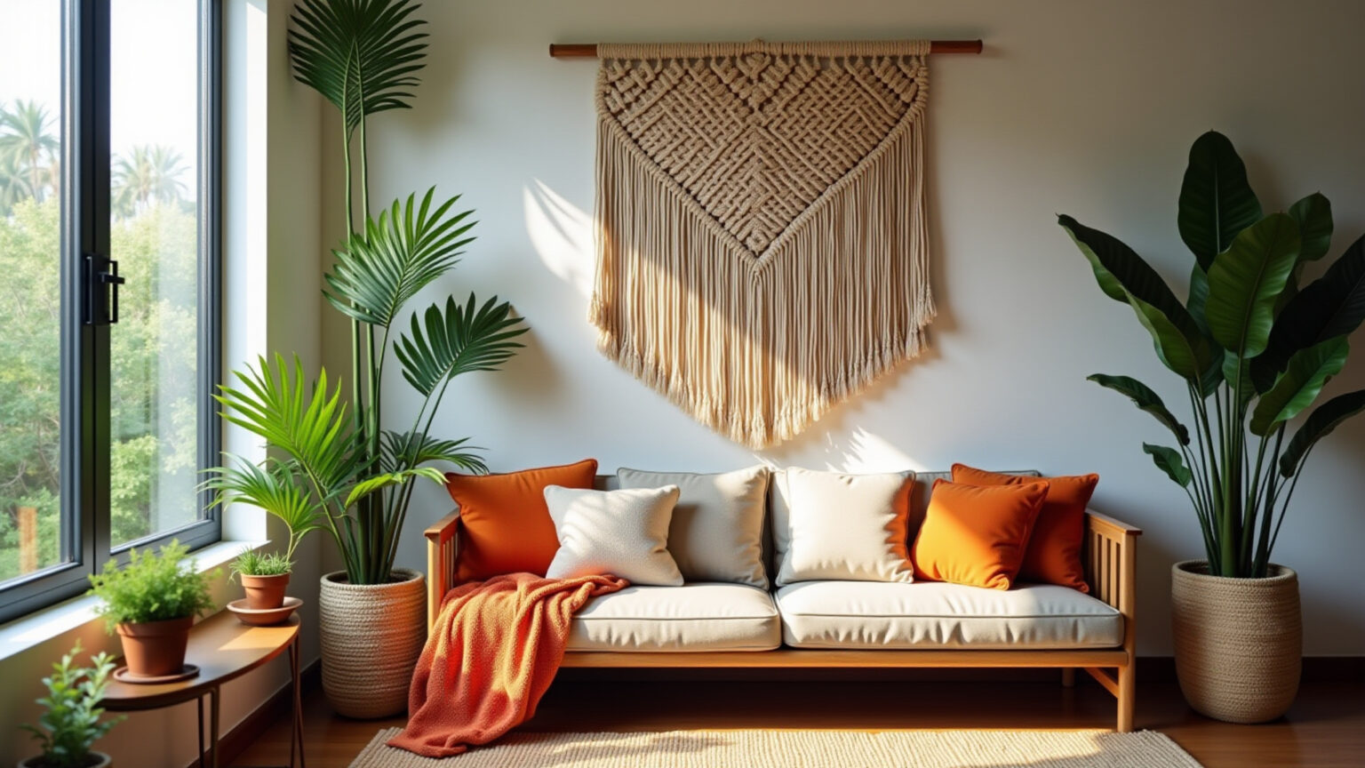 Painel de macramê na parede de sala de estar brasileira.