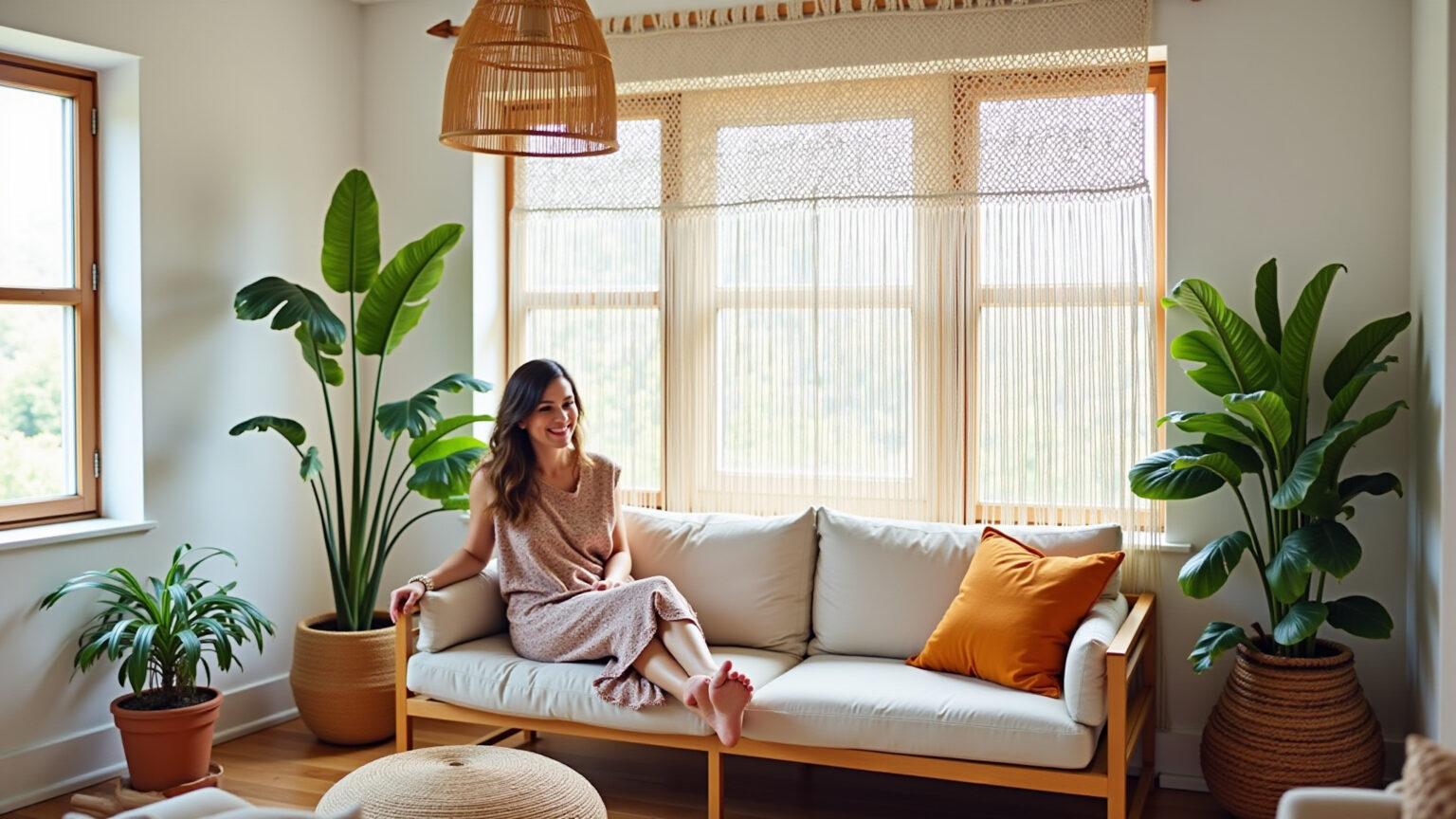 Sala de estar charmosa com cortina de macramê dividindo o ambiente.