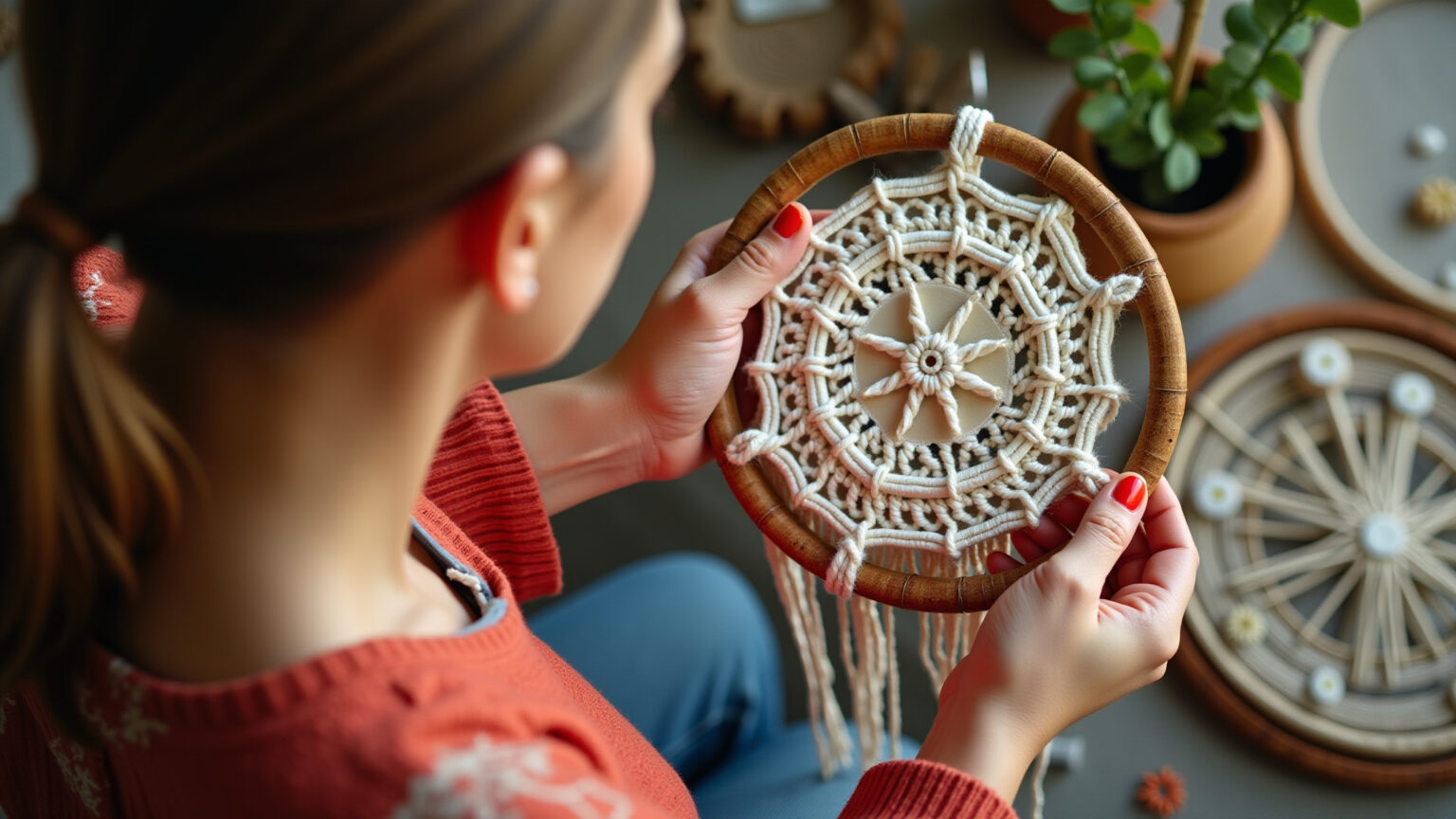 Mãos criando mandala de macramê com aro de bambu.