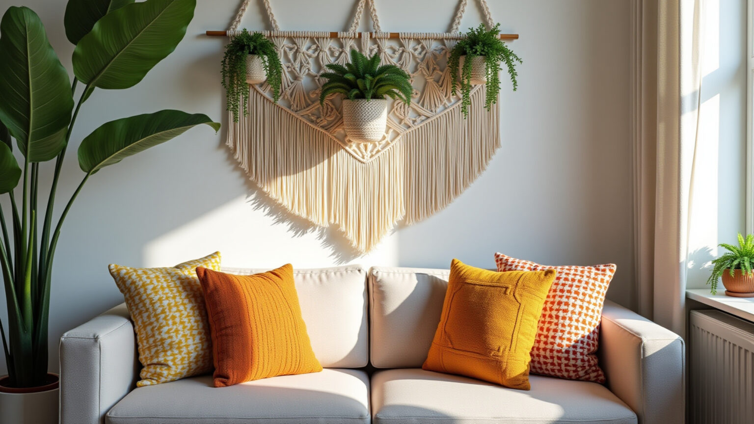 Sala decorada com macramê: painel, suportes de plantas e almofadas.