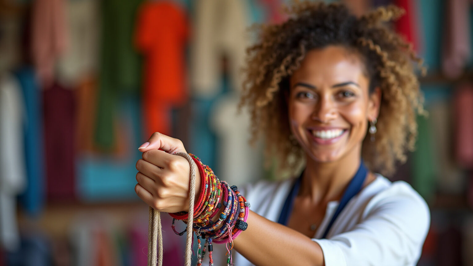 Mulher sorrindo exibe pulseiras de macramê coloridas.
