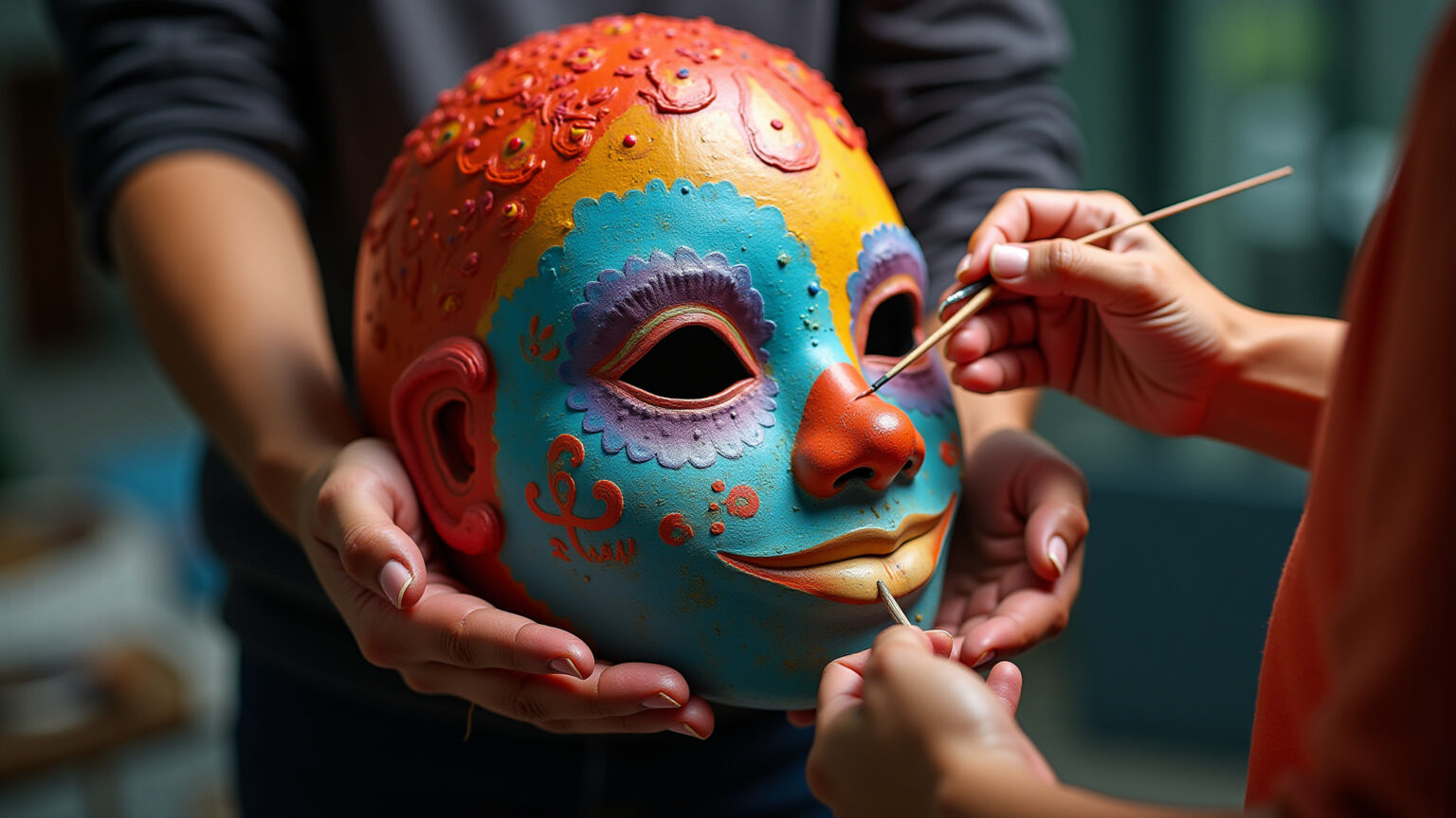 Mãos criando máscara de papel machê colorida.