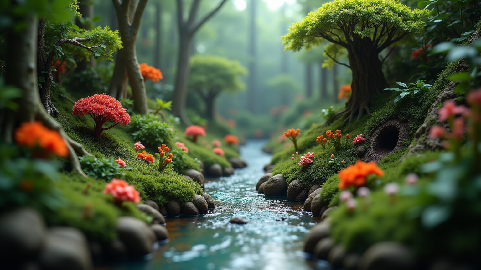 Diorama detalhado de um ecossistema da floresta tropical brasileira.