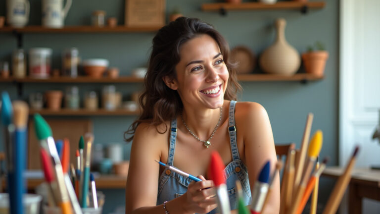 Mulher sorrindo limpando pincéis de artesanato coloridos.
