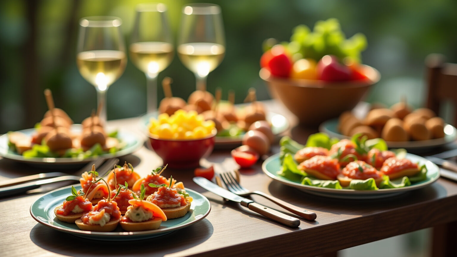 Mesa de jantar de verão com entradas coloridas e saborosas.