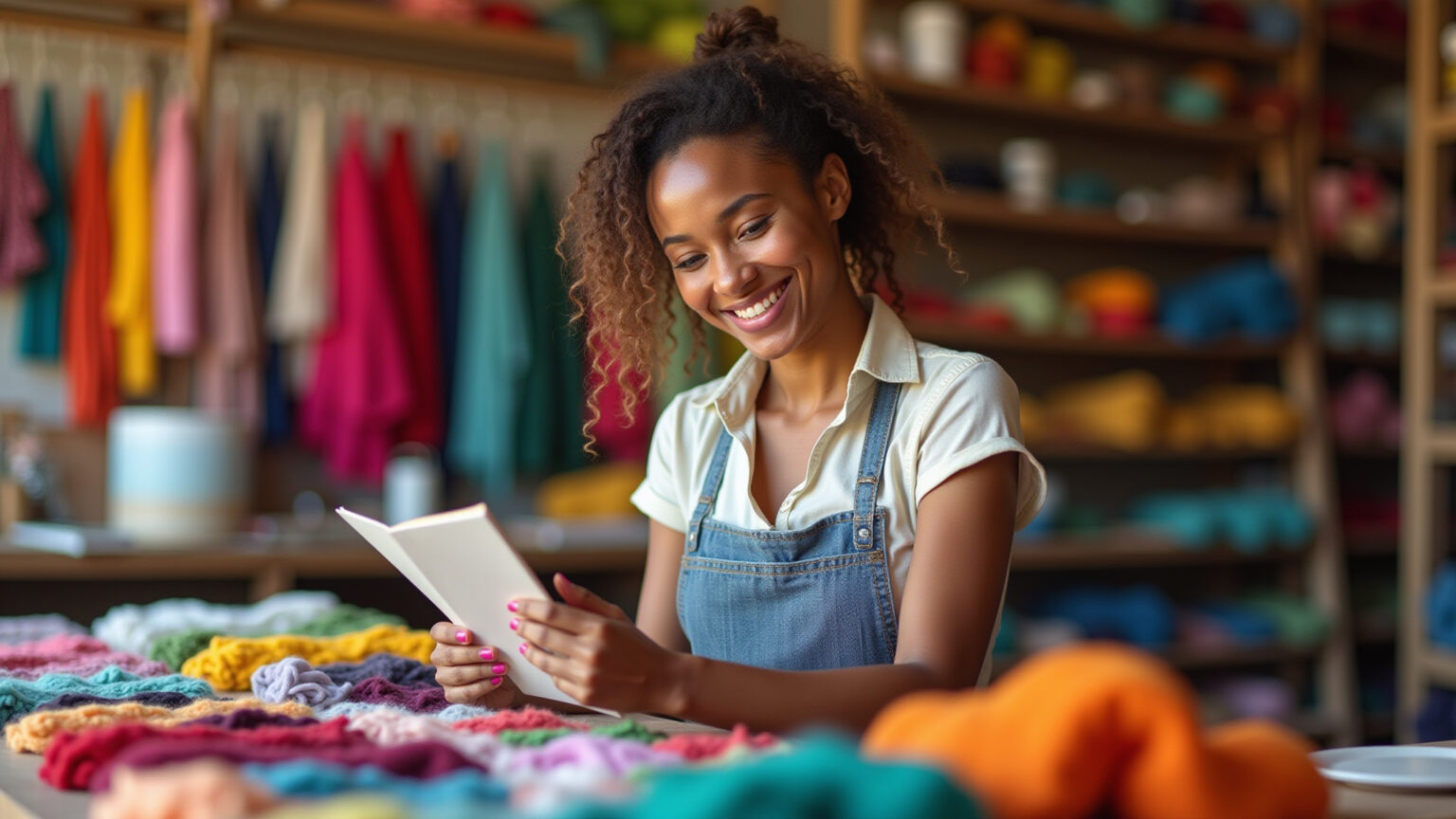 Artesã sorrindo organiza agenda de encomendas em ateliê vibrante.