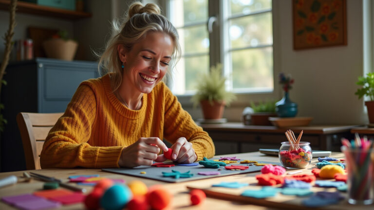 Mulher sorrindo criando artesanato de feltro colorido em casa.