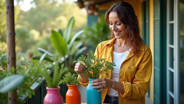 Mulher sorrindo rega plantas em vasos de garrafa PET reciclada.