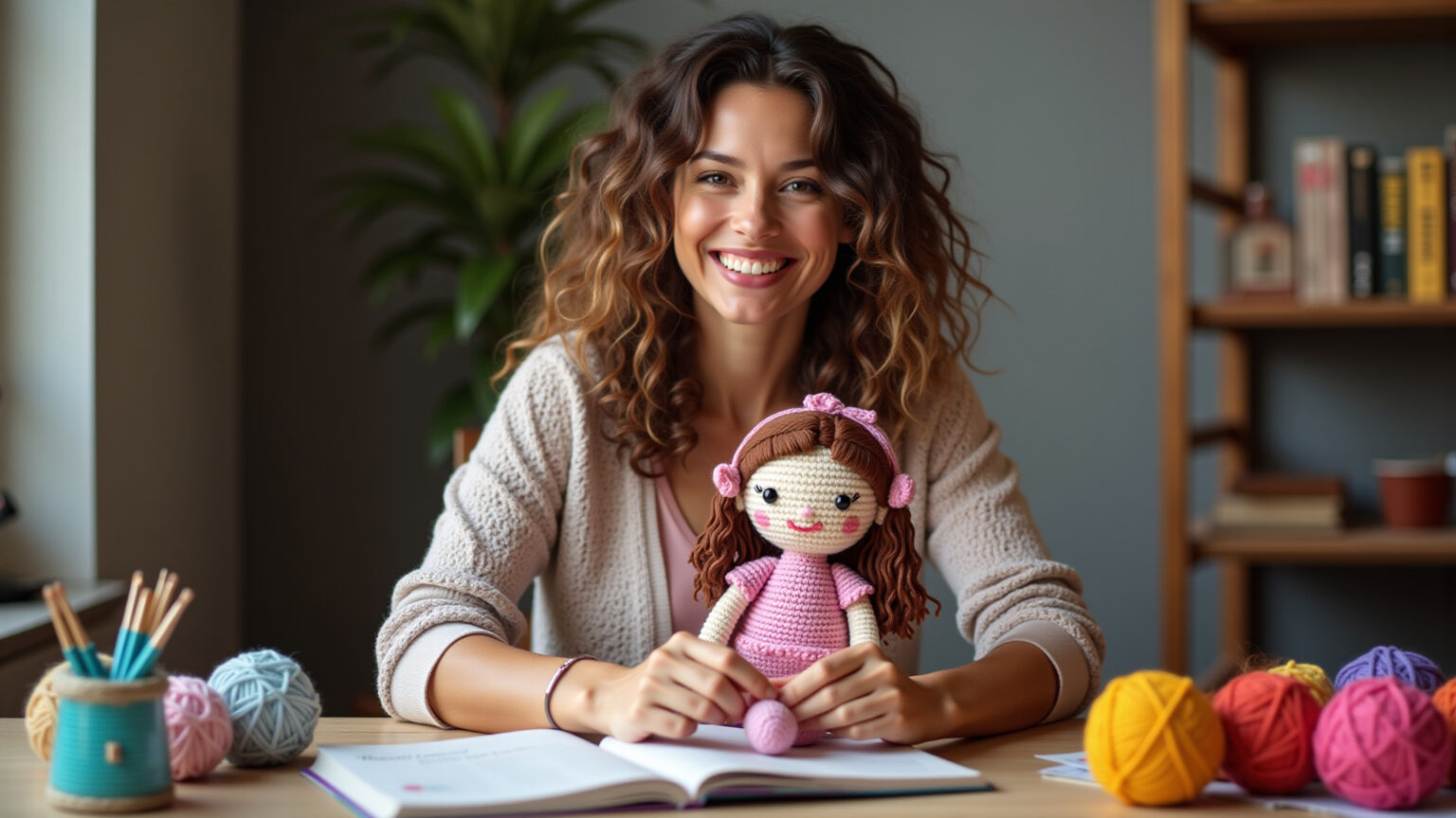 Mulher sorrindo fazendo boneca de crochê artesanal.