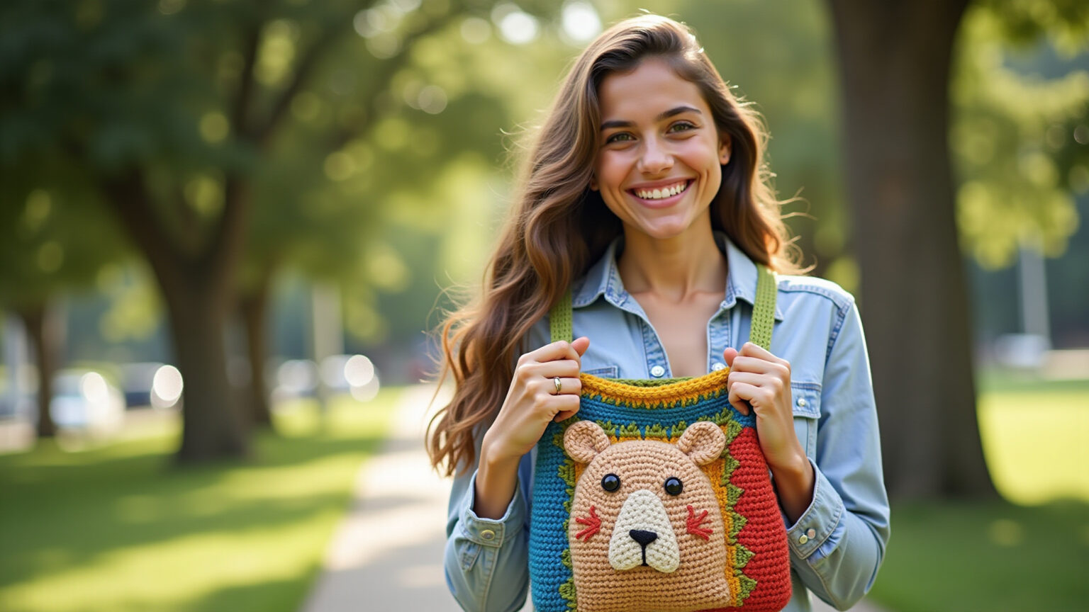 Bolsa infantil de crochê colorida com design de animal.