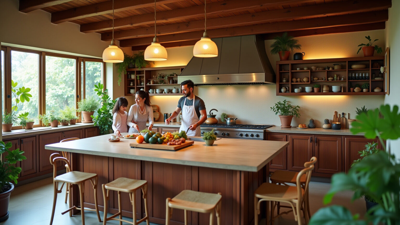 Cozinha vibrante com ilha central e mesa de jantar, estilo brasileiro.