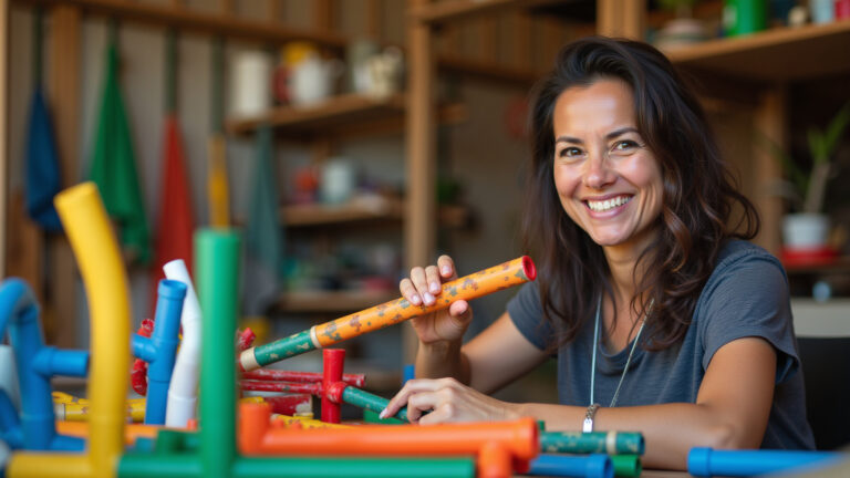 Mulher criando flauta de cano PVC em oficina com instrumentos reciclados.