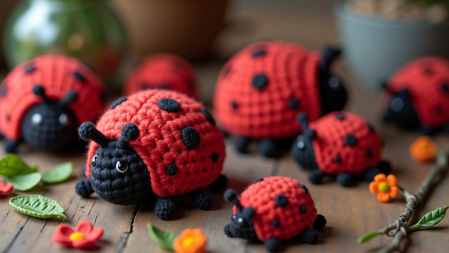 Amigurumis de joaninha coloridas e criativas.