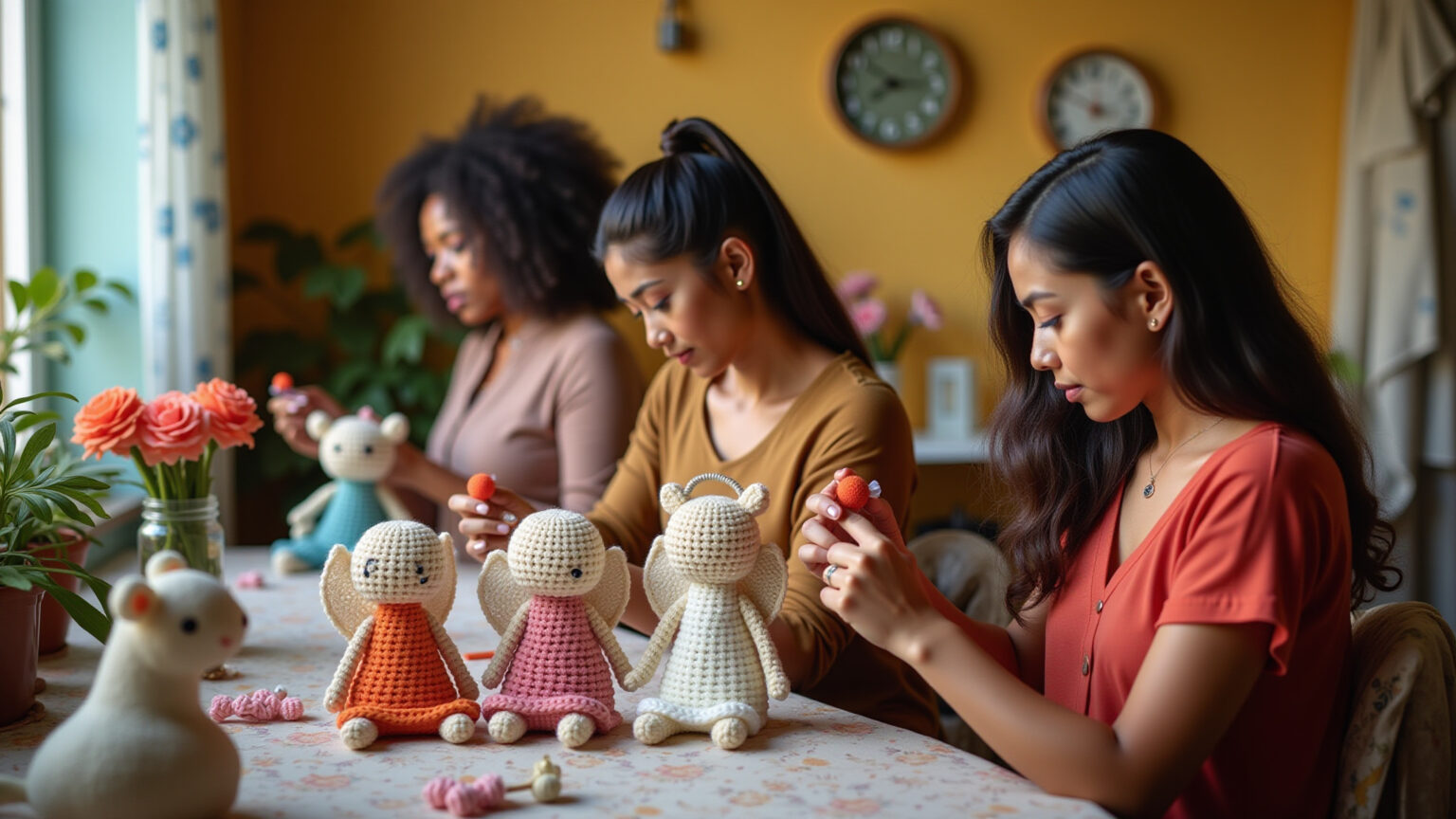 Mulheres brasileiras crocheteando amigurumis de anjo coloridos.