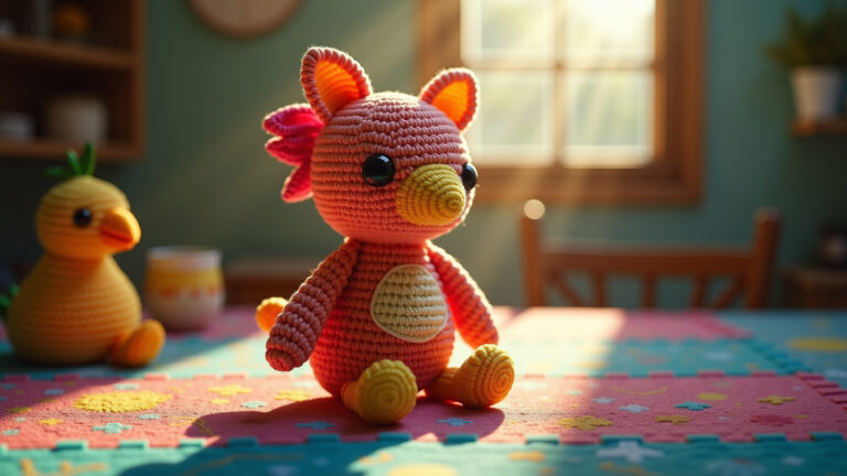 Amigurumi de pato colorido em patchwork.