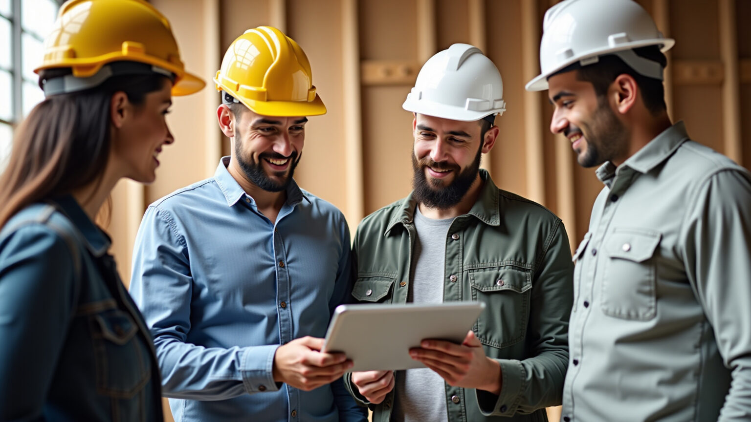Equipe de construção revisando cronograma de obra de cozinha em tablet.